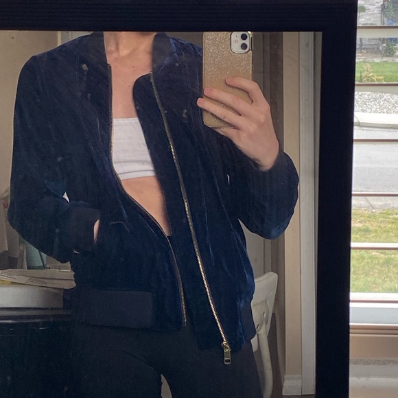 Tommy Hilfiger Blue Crushed Velvet Bomber Jacket - Picture 2 of 2